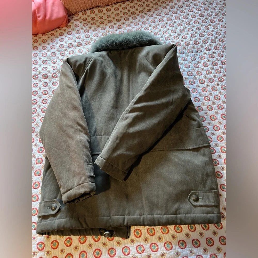 EUC Vintage 90s Real Fox Fur Collar Gray Coat size Large LP